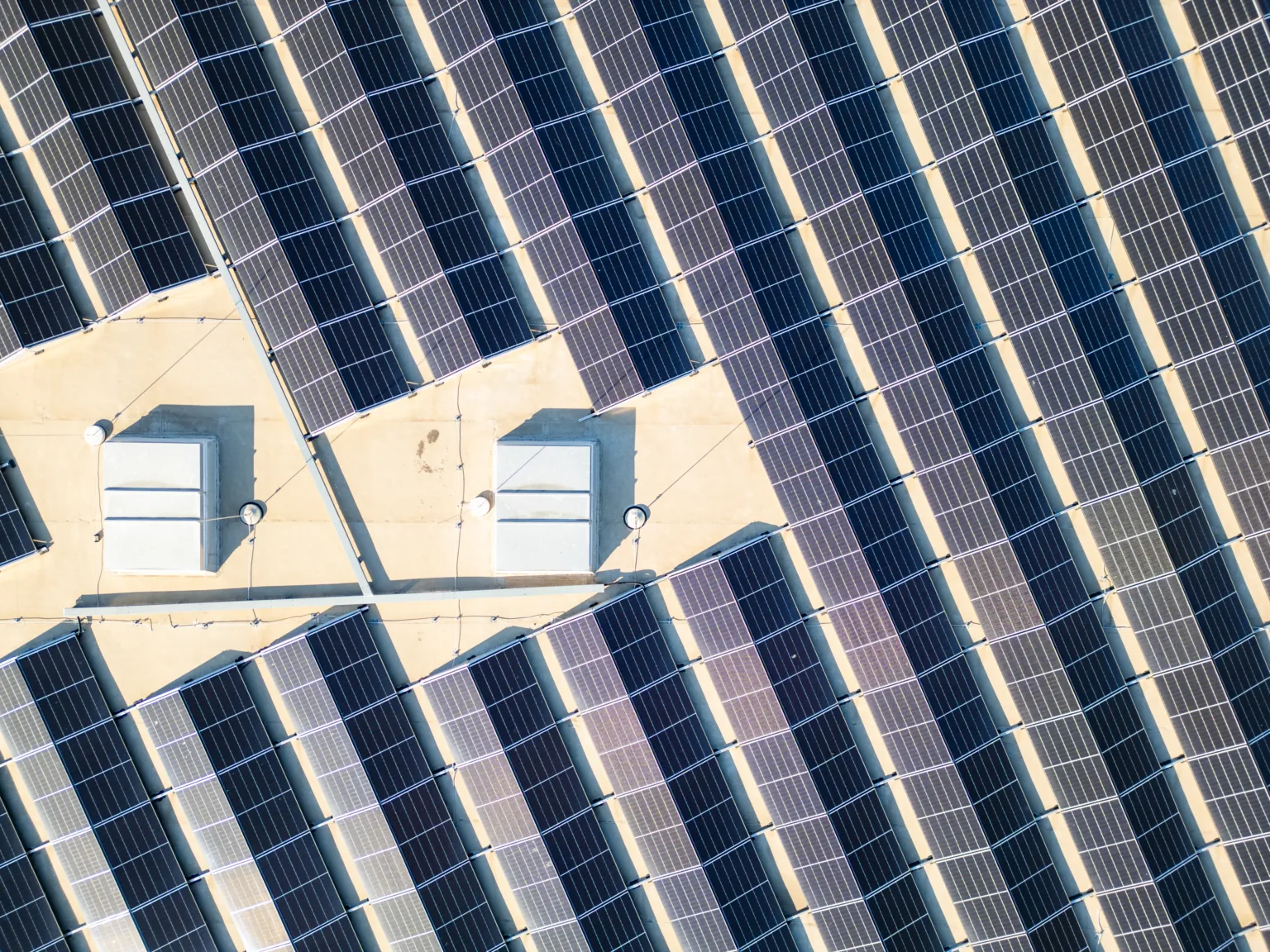 A vast array of solar panels covers the roof of a commercial building, capturing sunlight for energy. The installation highlights sustainable practices in an urban environment.